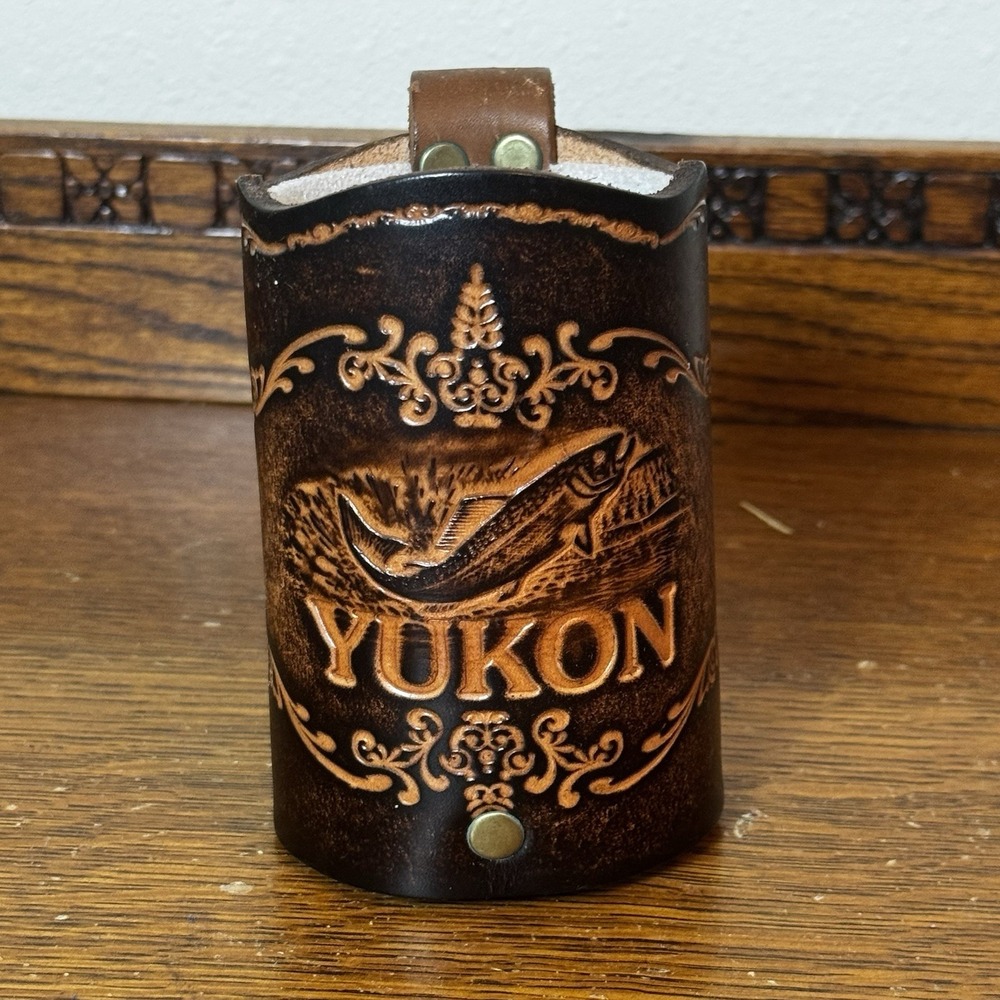 Vintage Yukon Leather Mug Holder Hand Tooled Souvenir Camping Hiking